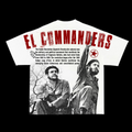 T-shirt with 'El Commanders' text and images of two men on a white background